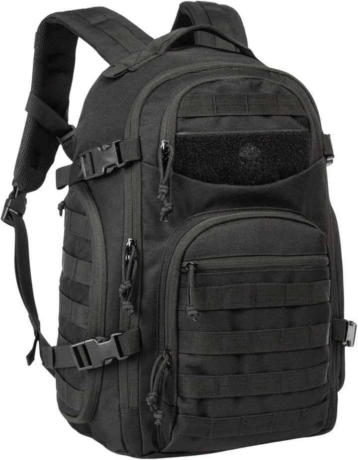 Plecak taktyczny 35L Molle czarny, widoczne kieszenie i system mocowania z przodu.