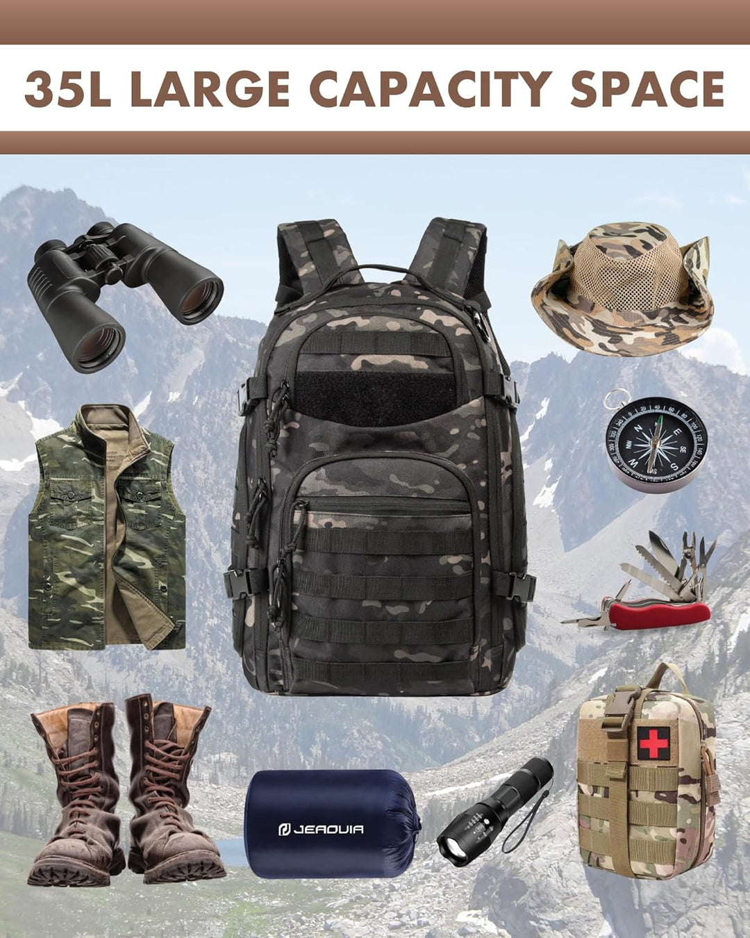 Czarny plecak taktyczny 35L Molle na plecach osoby, w plenerze podczas wędrówki.