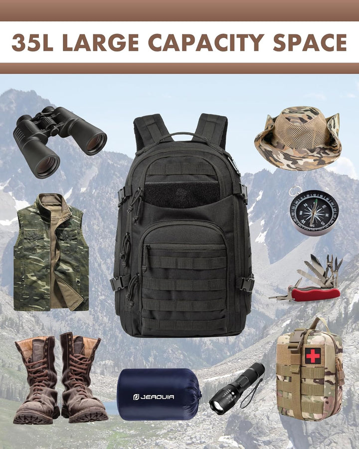 Elegancki czarny plecak taktyczny 35L unisex z systemem Molle, stylowy i funkcjonalny.