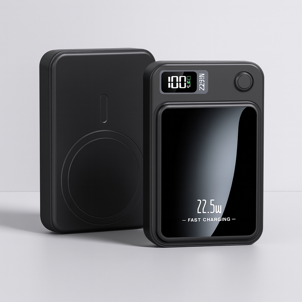 Czarny powerbank z szybkim ładowaniem 22.5W i bezprzewodowym Qi. Idealny do smartfonów.