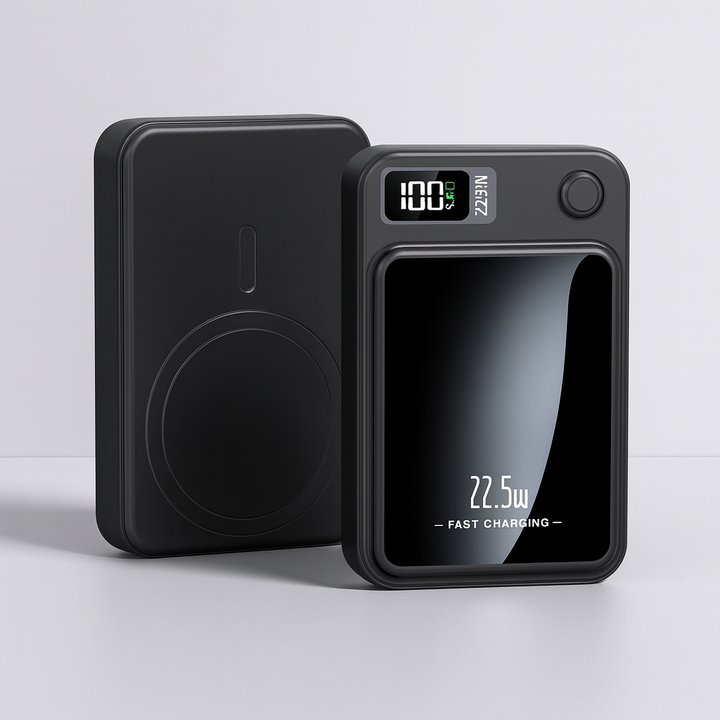 Czarny powerbank z szybkim ładowaniem 22.5W i bezprzewodowym Qi. Idealny do smartfonów.