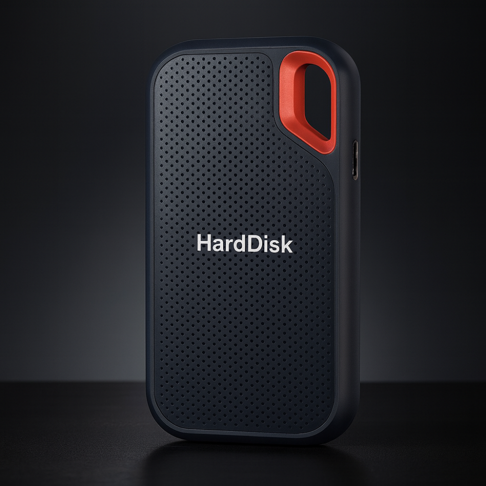 Czarny przenośny dysk SSD zewnętrzny z szybkim transferem danych przez USB C, idealny do laptopa i backupu.