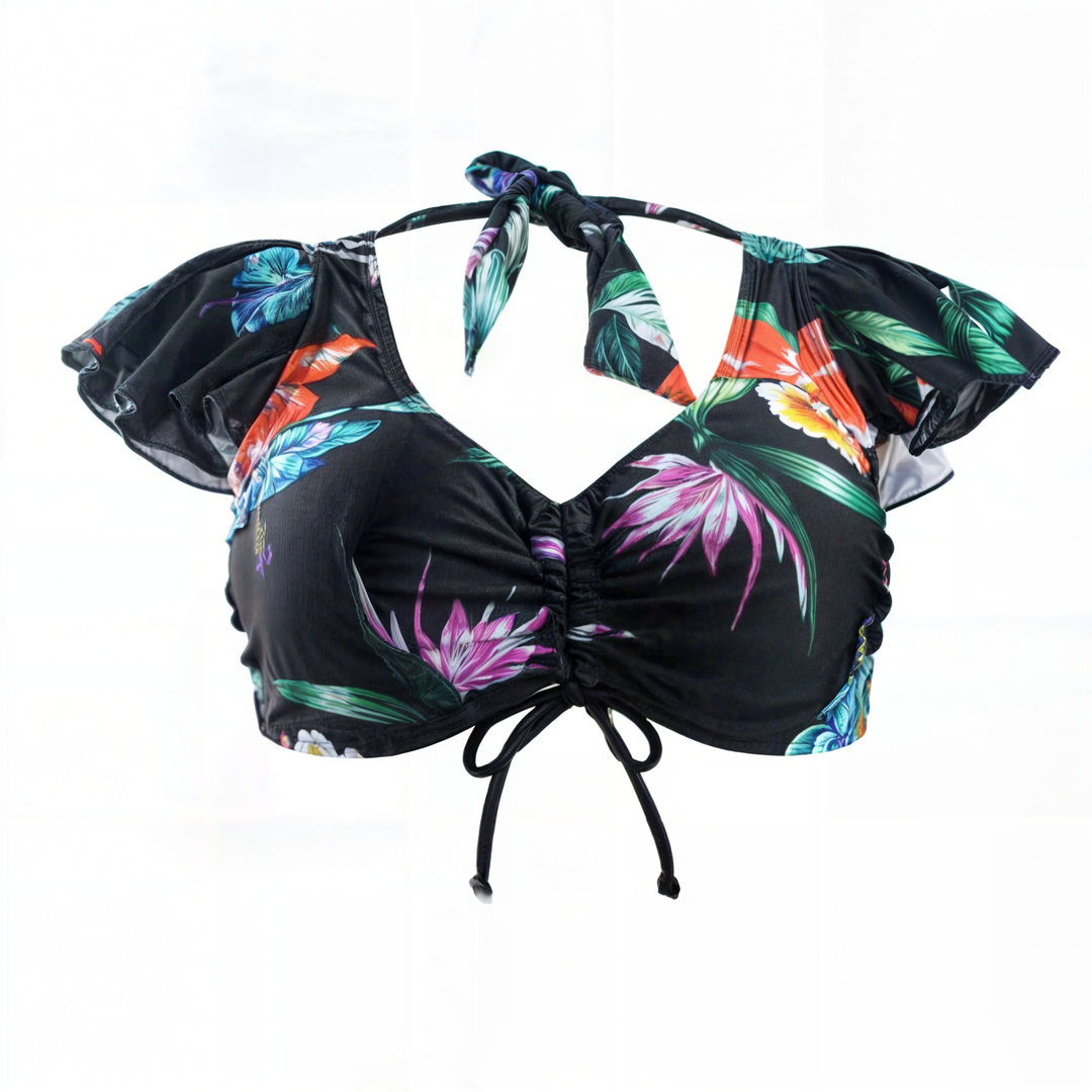 Damski czarny top bikini ze ściągaczem i dekoracyjnymi falbankami. Wygodny biustonosz kąpielowy, idealny do mody plażowej na lato.