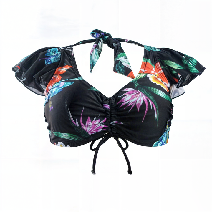 Damski czarny top bikini ze ściągaczem i dekoracyjnymi falbankami. Wygodny biustonosz kąpielowy, idealny do mody plażowej na lato.