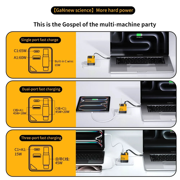 Mały czarny zasilacz z kablem USB C, oferujący uniwersalne i szybkie ładowanie urządzeń elektronicznych.