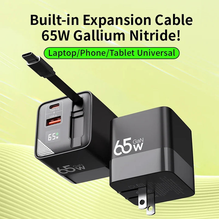Nowoczesny czarno-żółty zasilacz USB C z kablem, zapewniający szybkie i stabilne ładowanie.