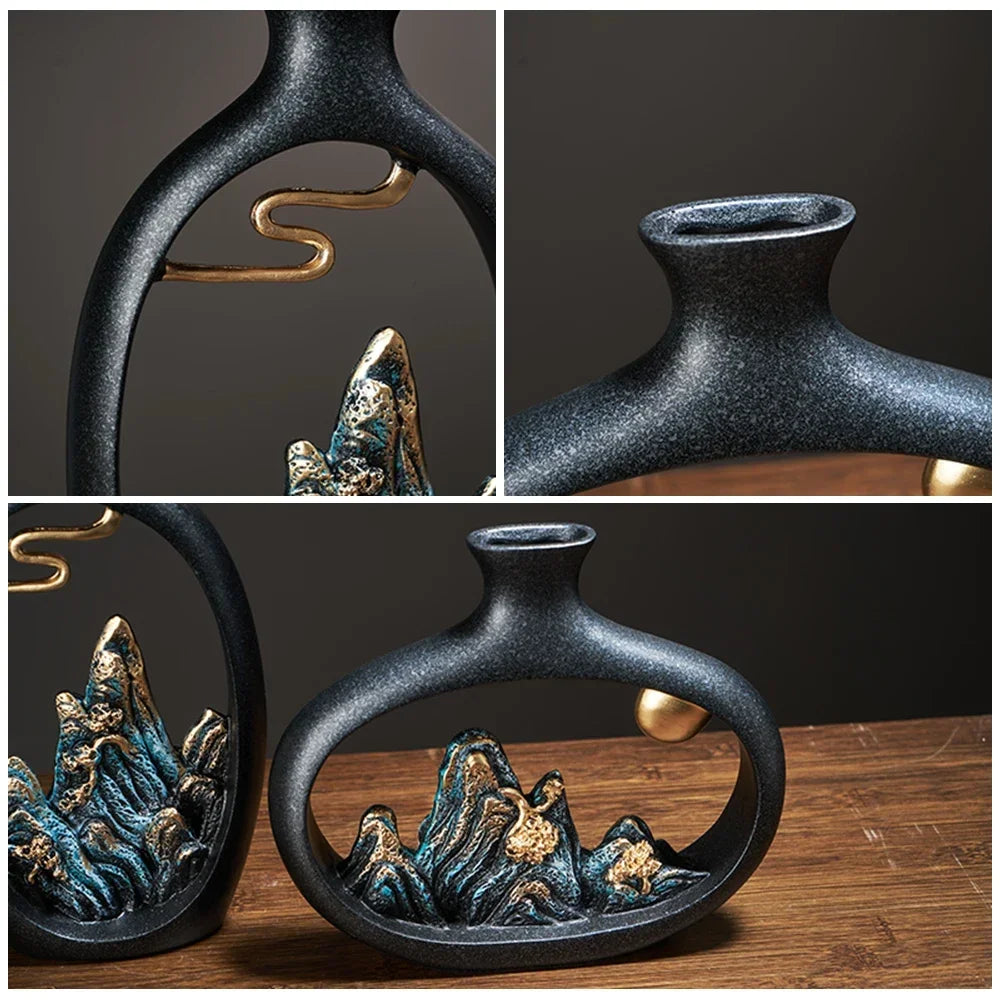 Ręcznie wykonany czarny wazon ceramiczny z unikalnym górskim krajobrazem, dodatek do każdego wnętrza.