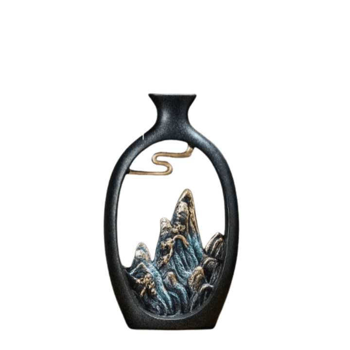 Czarny ceramiczny wazon z eleganckim motywem gór, idealny element dekoracyjny do Twojego domu.