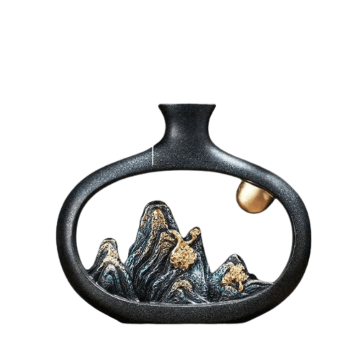 Designerski wazon ceramiczny czarny z motywem gór. Nowoczesna ozdoba wnętrz, elegancja i spokój.