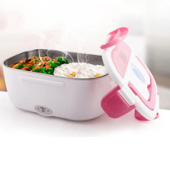 Czerwona podgrzewana śniadaniówka na ciepłe posiłki do pracy lub w podróży. Przenośny lunchbox.