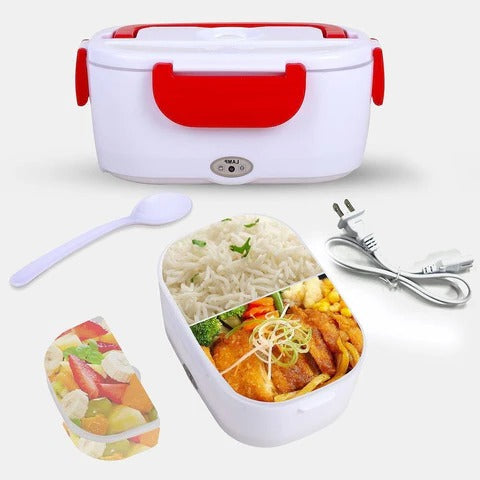 Czerwona, przenośna śniadaniówka podgrzewana, idealna na ciepłe obiady i posiłki w podróży. Wygodny lunchbox.