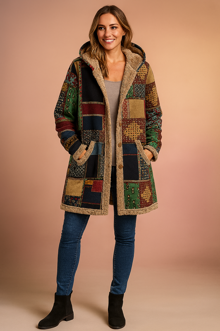Modna długa kurtka damska z kapturem, patchwork, ciepłe okrycie zimowe, dostępne plus size.