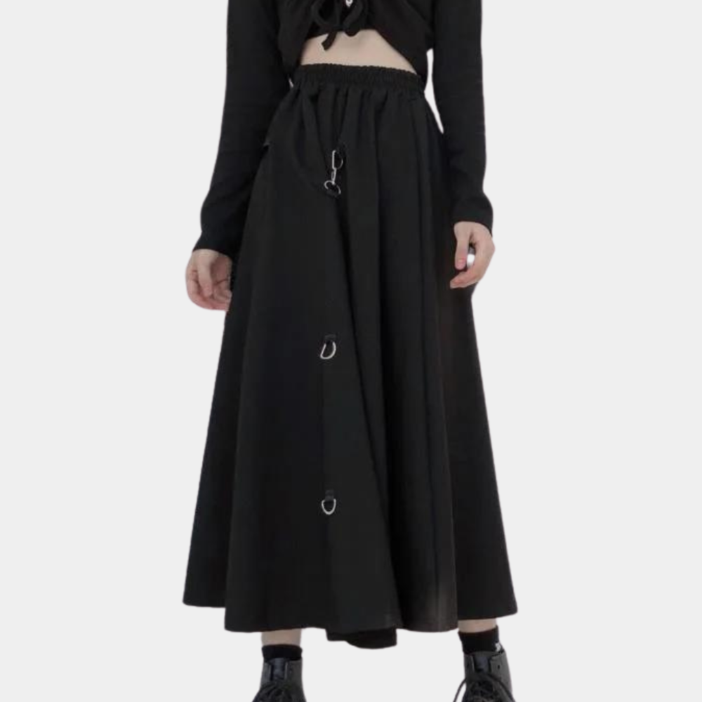Długa spódnica damska z wysokim stanem, rozkloszowana, idealna na wiosnę i lato. Elegancka i modna.