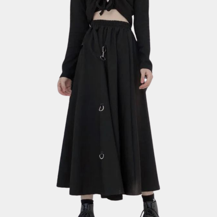Długa spódnica damska z wysokim stanem, rozkloszowana, idealna na wiosnę i lato. Elegancka i modna.