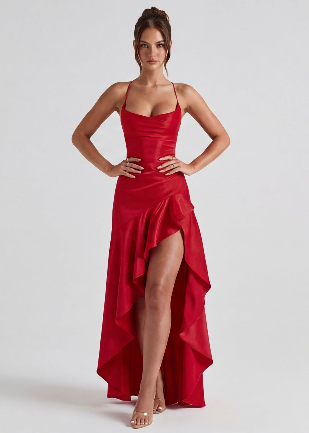Niebieska elegancka sukienka maxi z wiązaniem i rozcięciem, na specjalne okazje.