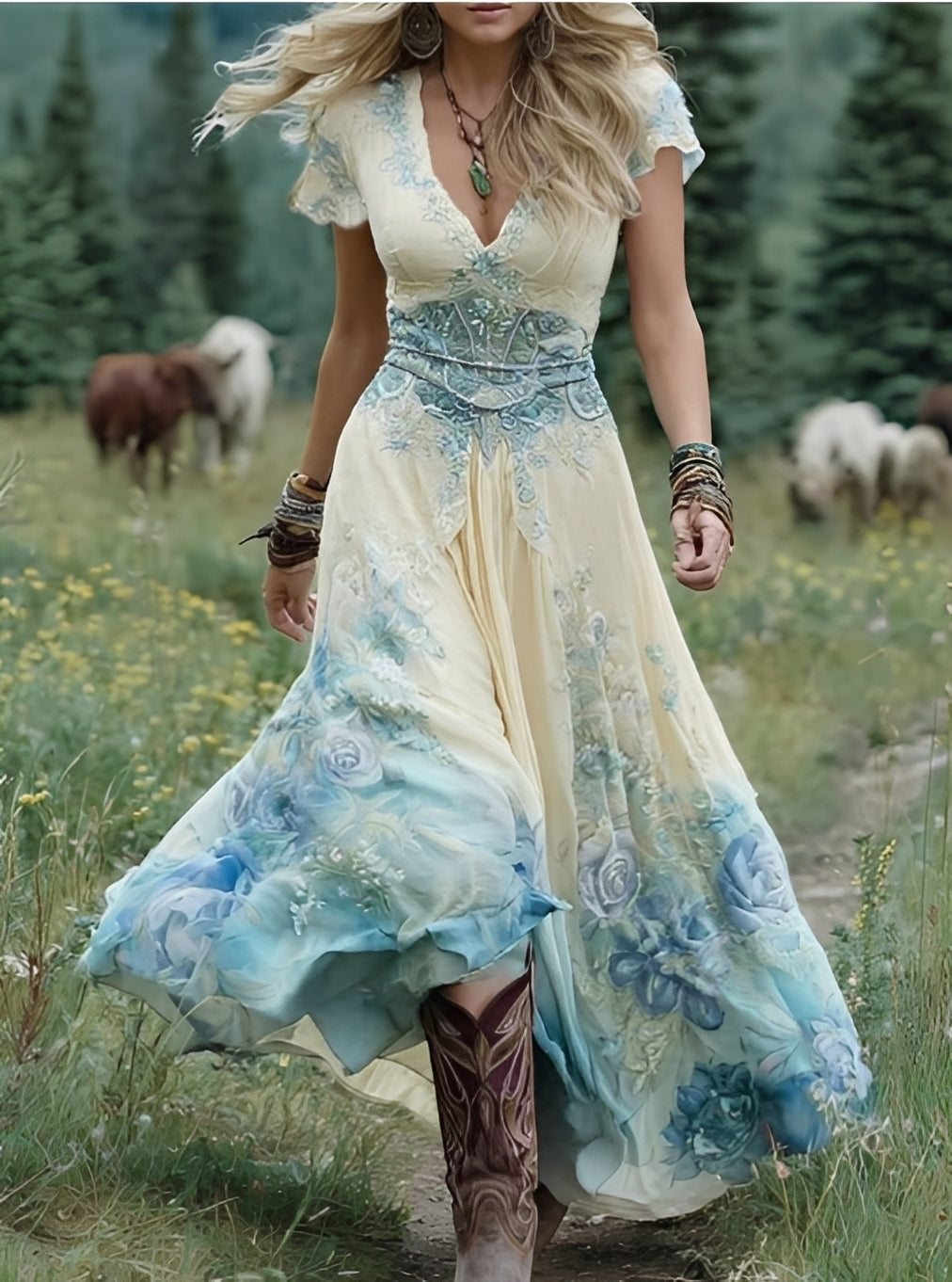 Długa sukienka maxi w kwiaty dla kobiet, idealna na wiosnę i lato. Zwiewna, elegancka i casualowa.