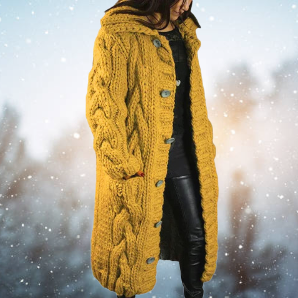Wiosenny damski sweter kardigan, długi oversize z kapturem. Luźny i komfortowy styl.