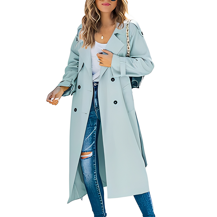Ciepły damski trencz, długi płaszcz jesienno-zimowy. Komfortowy i elegancki outwear idealny na chłodne dni.