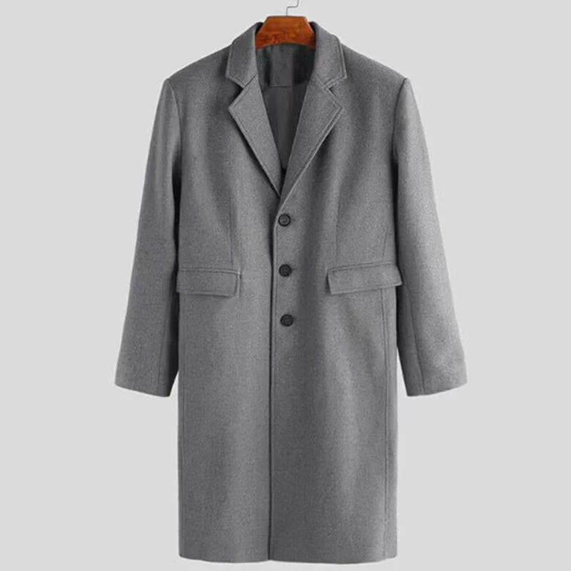 Przejściowy długi płaszcz męski. Elegancka klasyka na jesień i zimę. Ochrona i styl w modzie męskiej. Komfortowe.