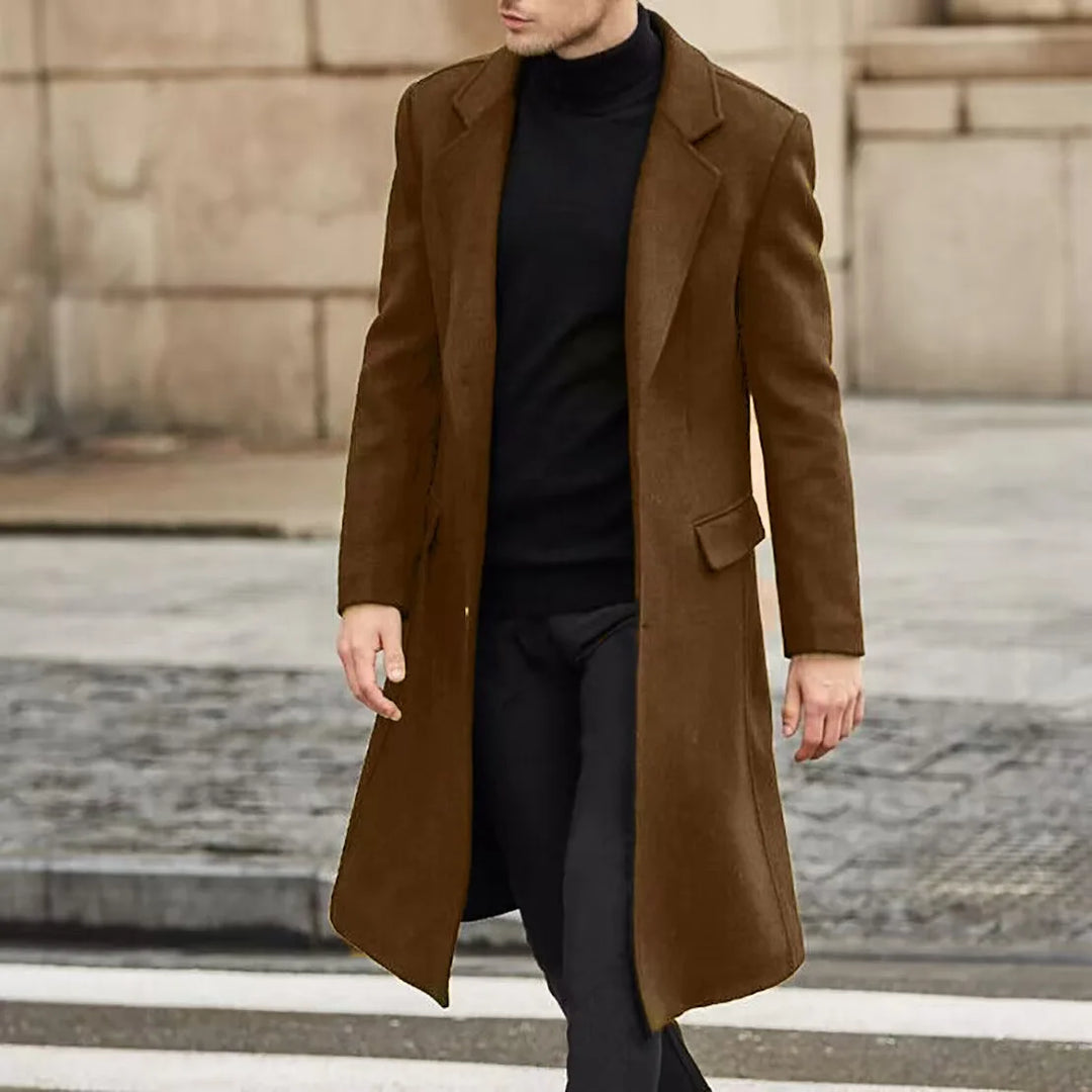 Płaszcz męski przejściowy, długi. Elegancki na jesień, ochrona przed zimnem. Niezbędny element stylowej garderoby.