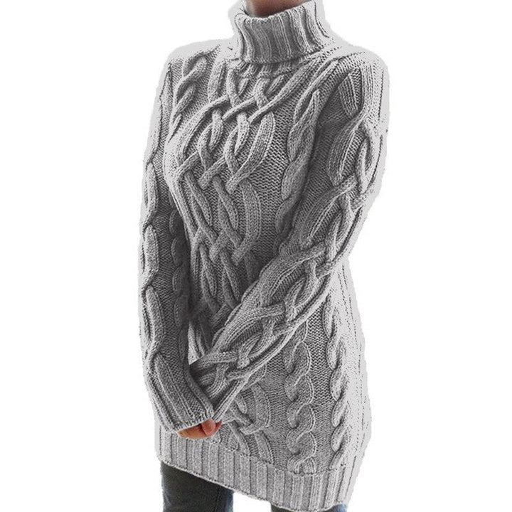 Damski sweter golf Klara. Długi, ciepły sweter zimowy we wzory, pasujący do casualowych i eleganckich stylizacji.