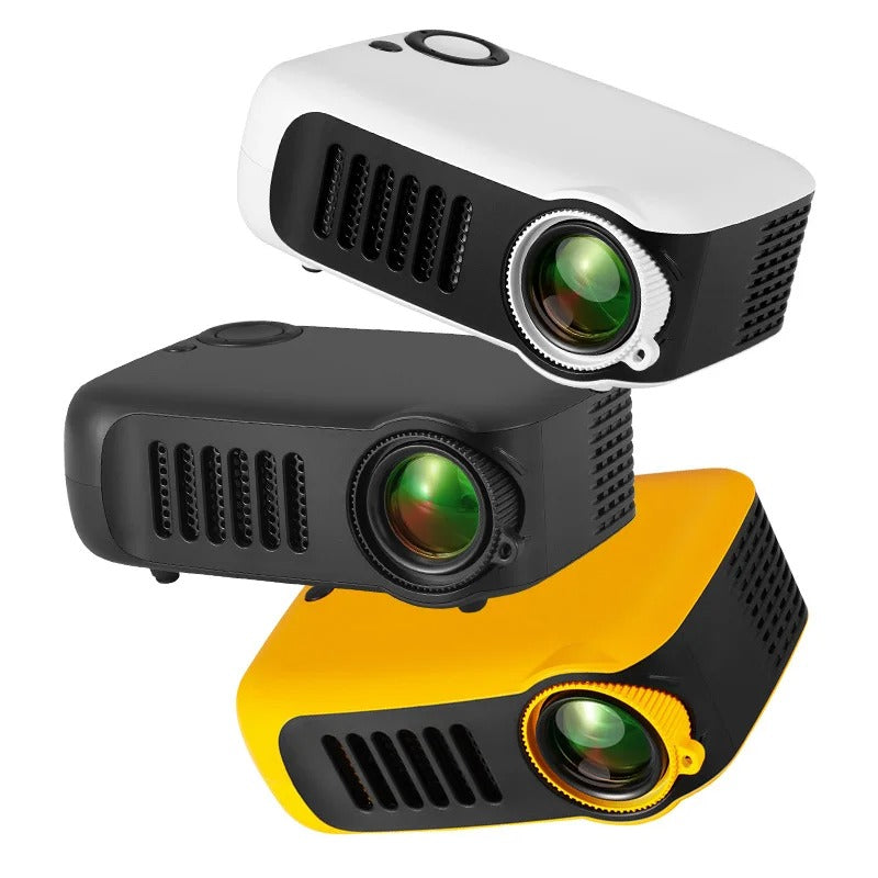 Rzutnik do kina domowego pokazany pod kątem, widoczne porty USB i HDMI z boku obudowy