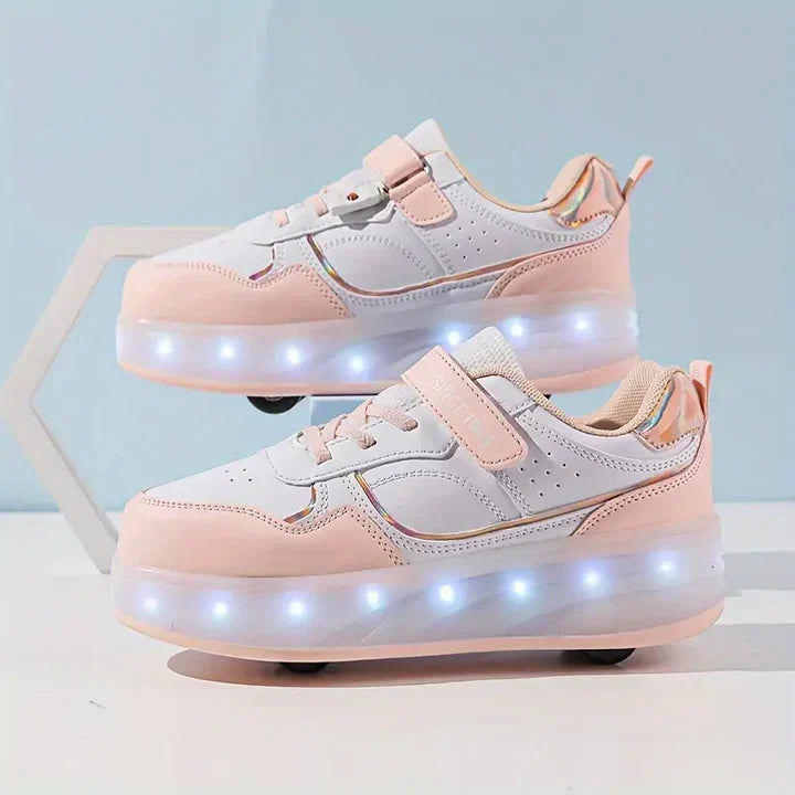 Różowe buty ze sneakersów z ukrytymi kółkami i diodami LED