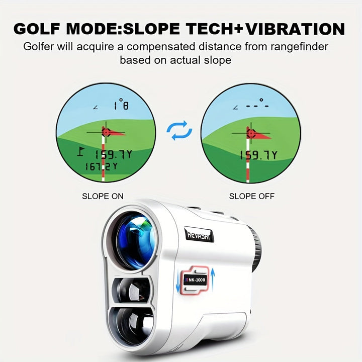 Golfowy dalmierz z funkcją wibracji i kompensacją, ułatwiający grę na każdym polu golfowym.