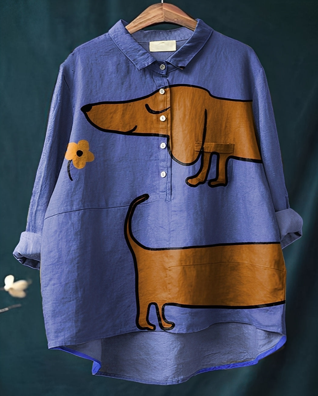Damska bluzka z długim rękawem, artystyczny wzór psa, luźny krój, jesienno-wiosenna moda.