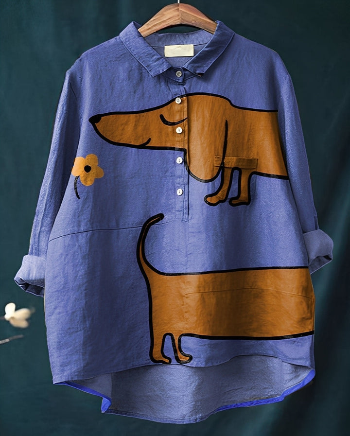 Damska bluzka z długim rękawem, artystyczny wzór psa, luźny krój, jesienno-wiosenna moda.