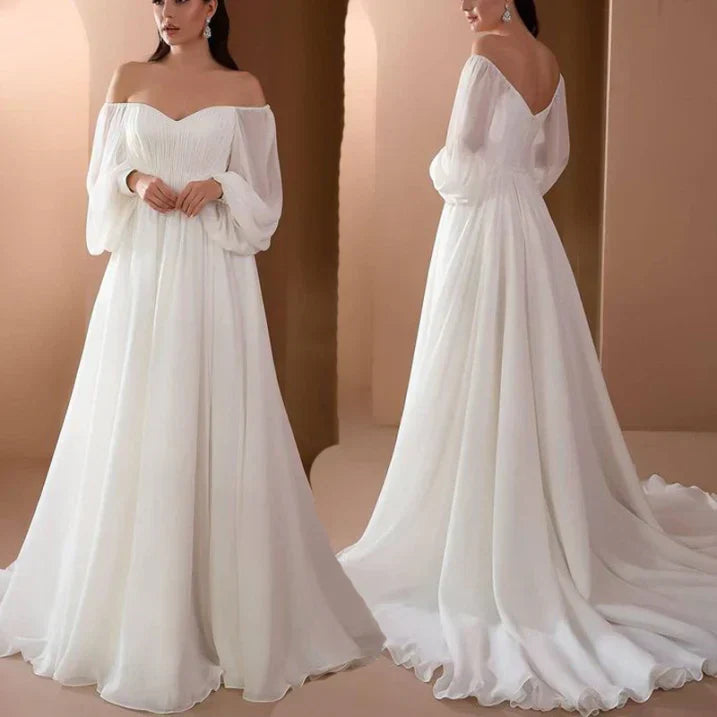 Elegancka sukienka wieczorowa maxi w kolorze białym, z długim rękawem i dekoltem carmen, na przyjęcia.