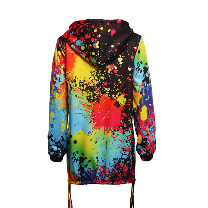 Modna damska bluza z kapturem, zamek błyskawiczny, wyrazisty, barwny wzór, styl streetwear.