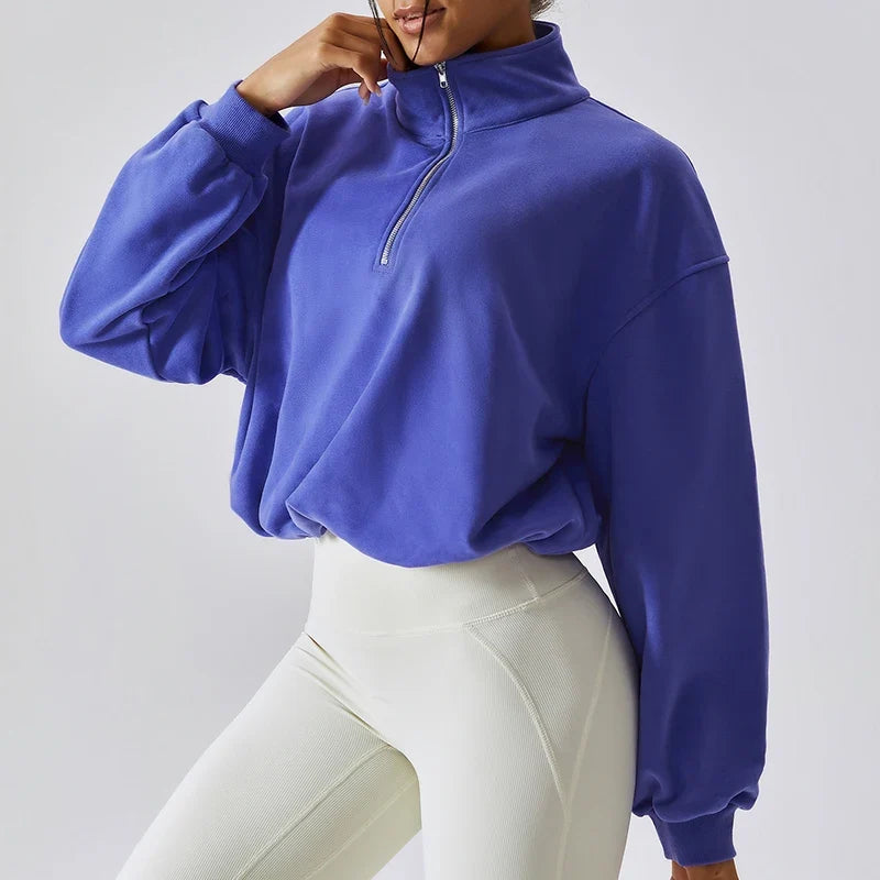 Modna damska bluza sportowa z kołnierzem, doskonała na aktywny trening, jogę lub casualowy look.