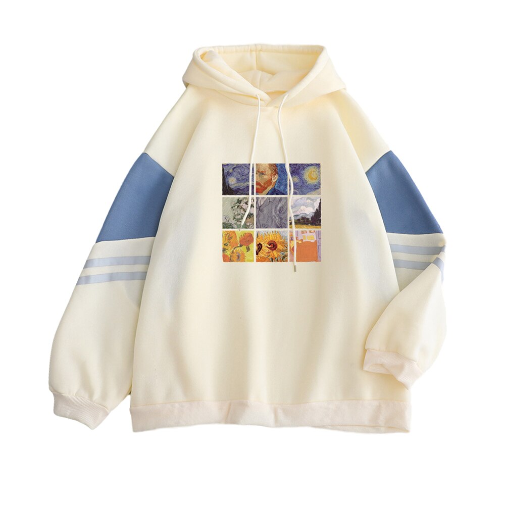 Modna jesienna damska bluza z kapturem oversize, zdobiona kolorowymi paskami. Idealna do codziennych stylizacji.