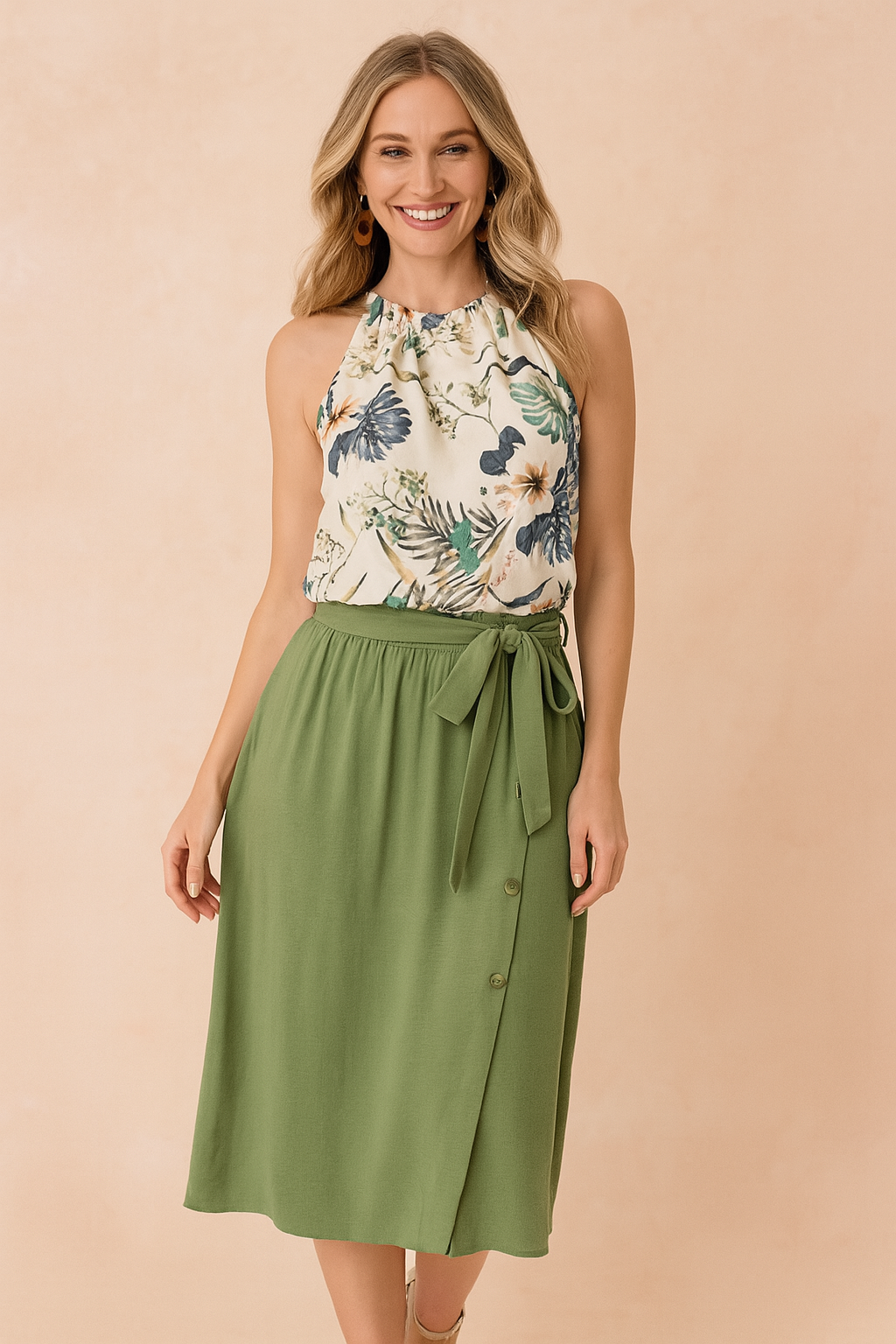 Damska bluzka halter z żywym roślinnym nadrukiem, idealna na lato i wakacje. Elegancka bluzka tropikalna z wiązaniem.
