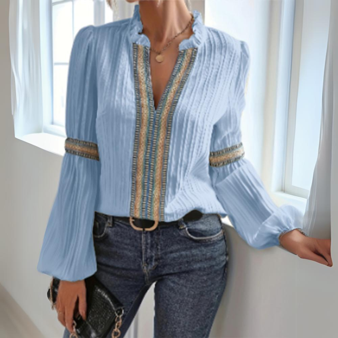 Elegancka i modna bluzka damska boho szyfon z długim rękawem, do casualowych outfitów.