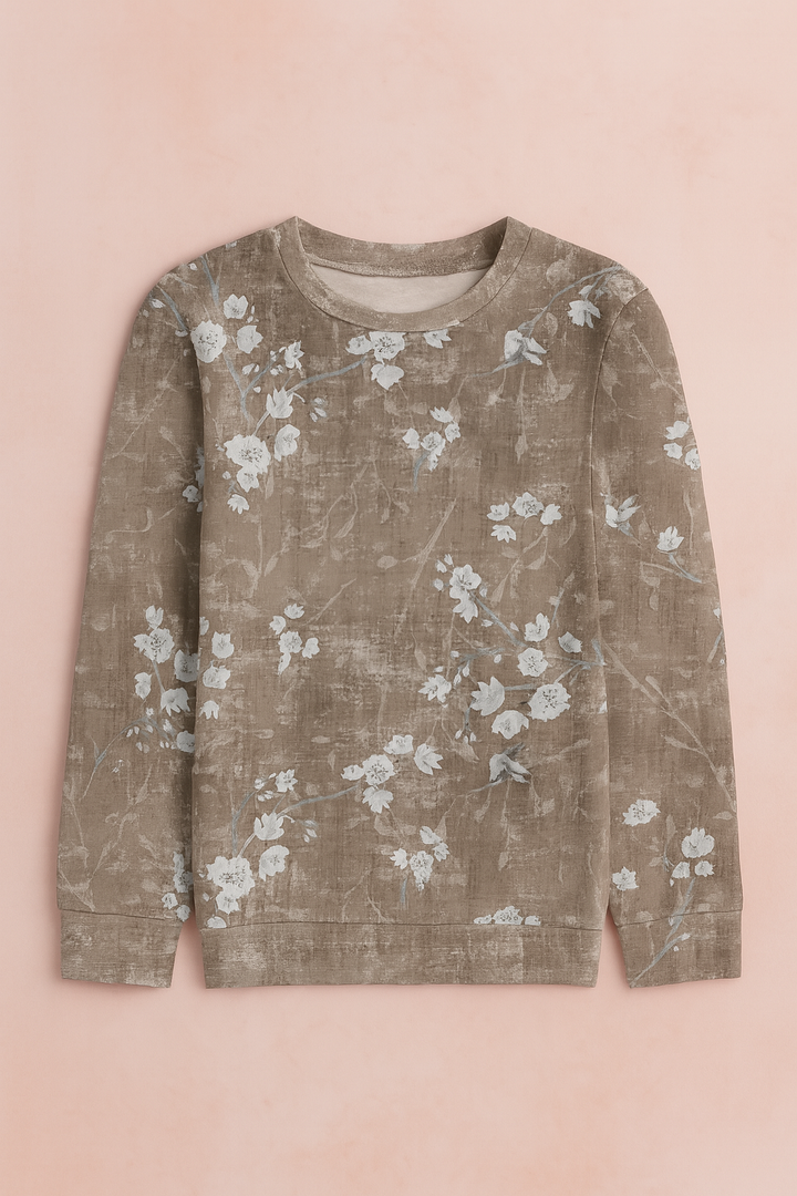Modna damska bluzka khaki z długim rękawem, w kwiatowy wzór vintage. Luźny krój, idealna do eleganckich i codziennych stylizacji.