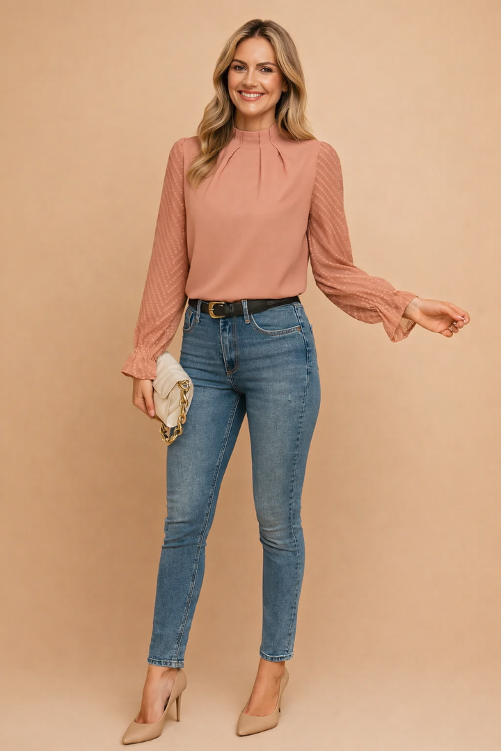 Bluzka damska wizytowa z przezroczystymi rękawami i stójką. Casualowa elegancja, wzór jodełka.