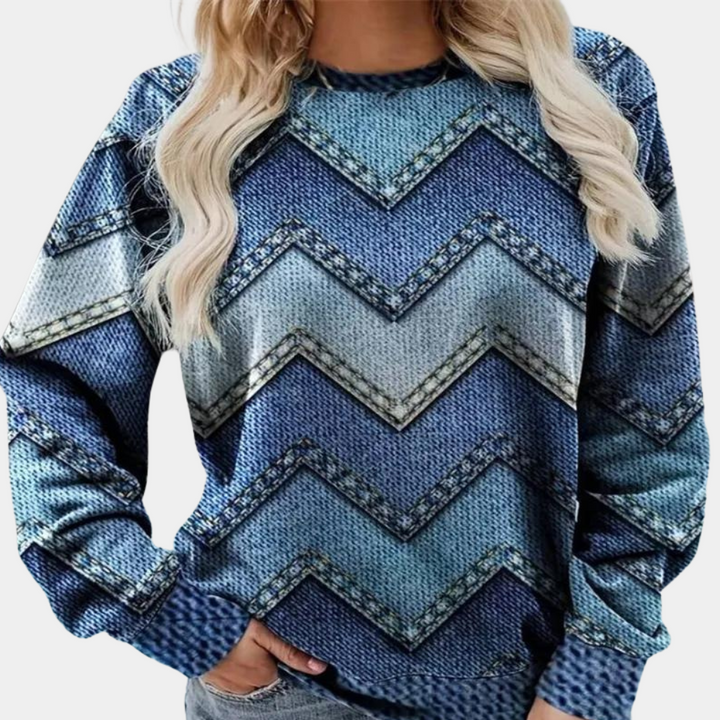 Wygodna damska bluza oversize, wzór w stylu denim. Ciepły sweter na zimę, moda damska na co dzień.