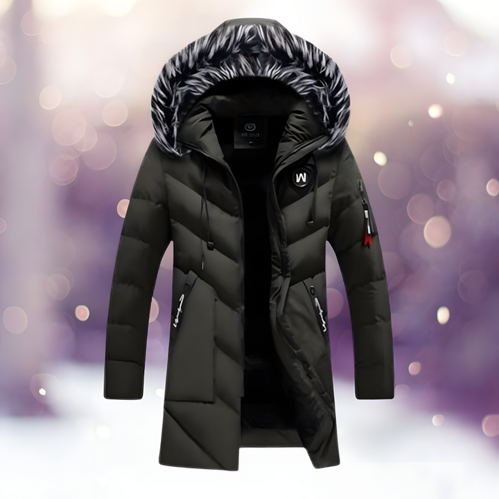 Elegancka damska parka zimowa długa, z ciepłym kapturem, krój slim fit, doskonała na chłodne dni.