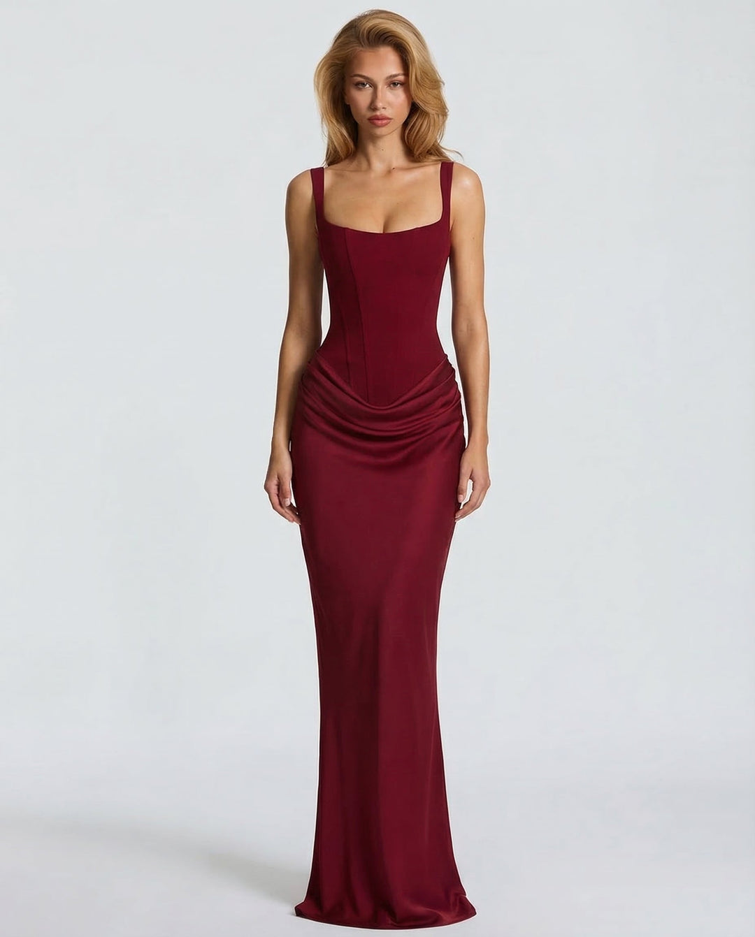 Damska sukienka wieczorowa, maxi, dopasowana, elegancja i komfort. Modny krój klepsydry.