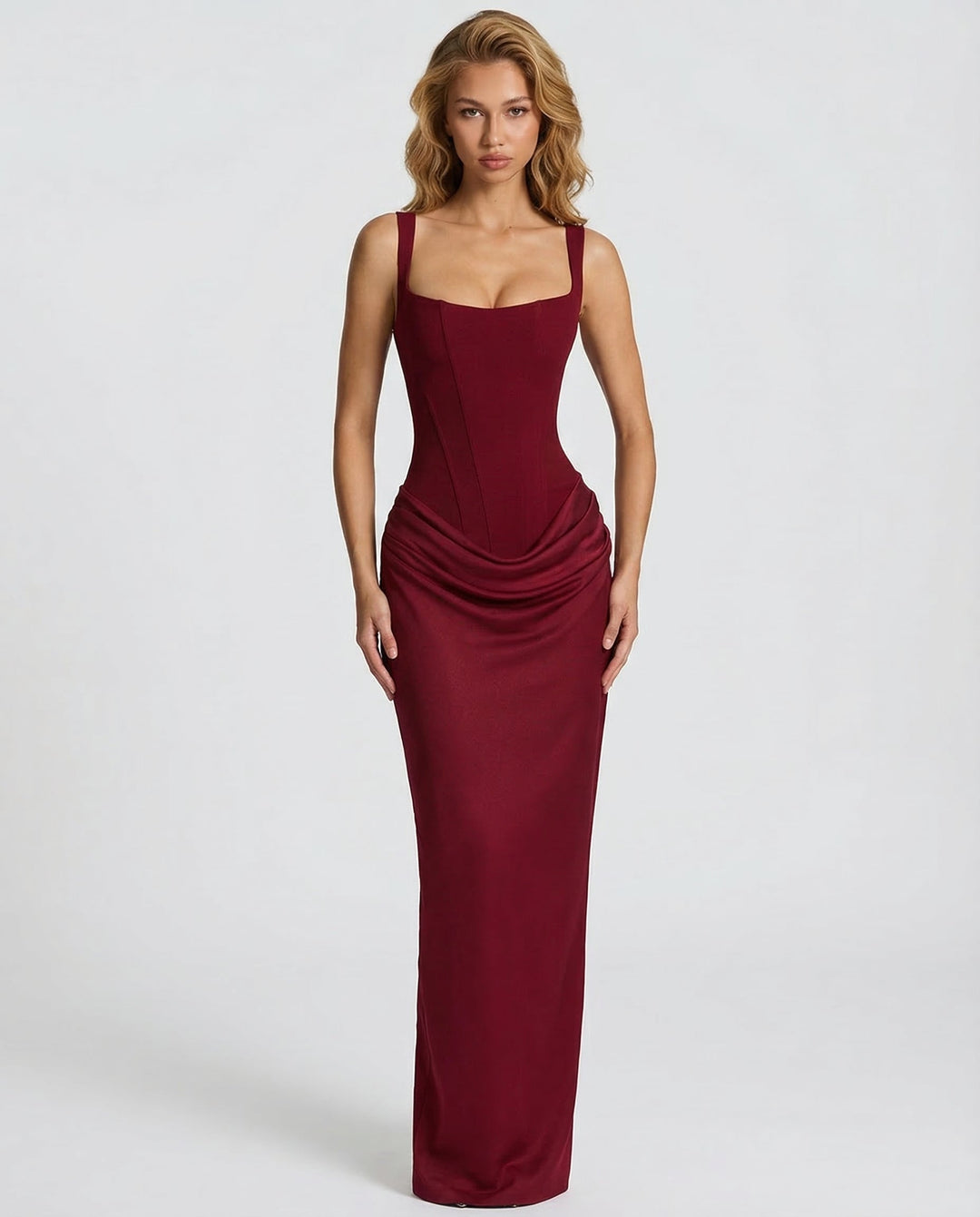 Elegancka dopasowana sukienka maxi, wieczorowa, idealna do podkreślenia figury klepsydry.