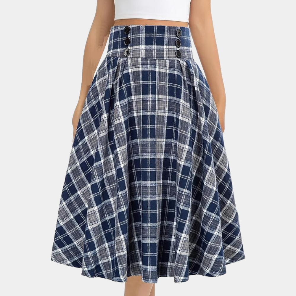 Damska elegancka spódnica midi A-linii w kratę. Wysoki stan, idealna na jesień/zimę. Modny krój.
