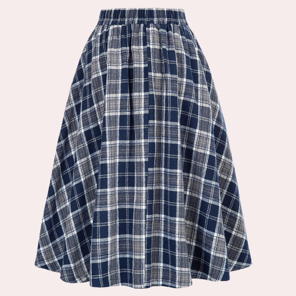 Elegancka damska spódnica A-linii w modną kratę. Wysoki stan, długość midi. Casual i formalna, jesień/zima.