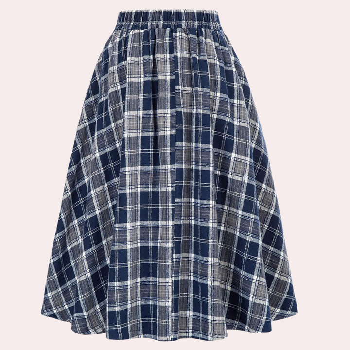 Elegancka damska spódnica A-linii w modną kratę. Wysoki stan, długość midi. Casual i formalna, jesień/zima.