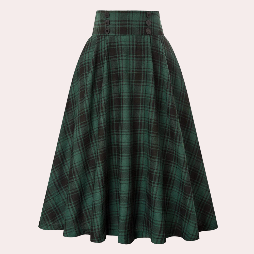 Damska spódnica midi A-linii w elegancką kratę. Wysoki stan, idealna do biura. Modny look na jesień/zimę.