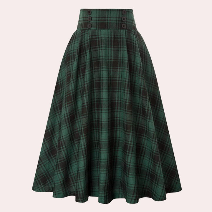 Damska spódnica midi A-linii w elegancką kratę. Wysoki stan, idealna do biura. Modny look na jesień/zimę.