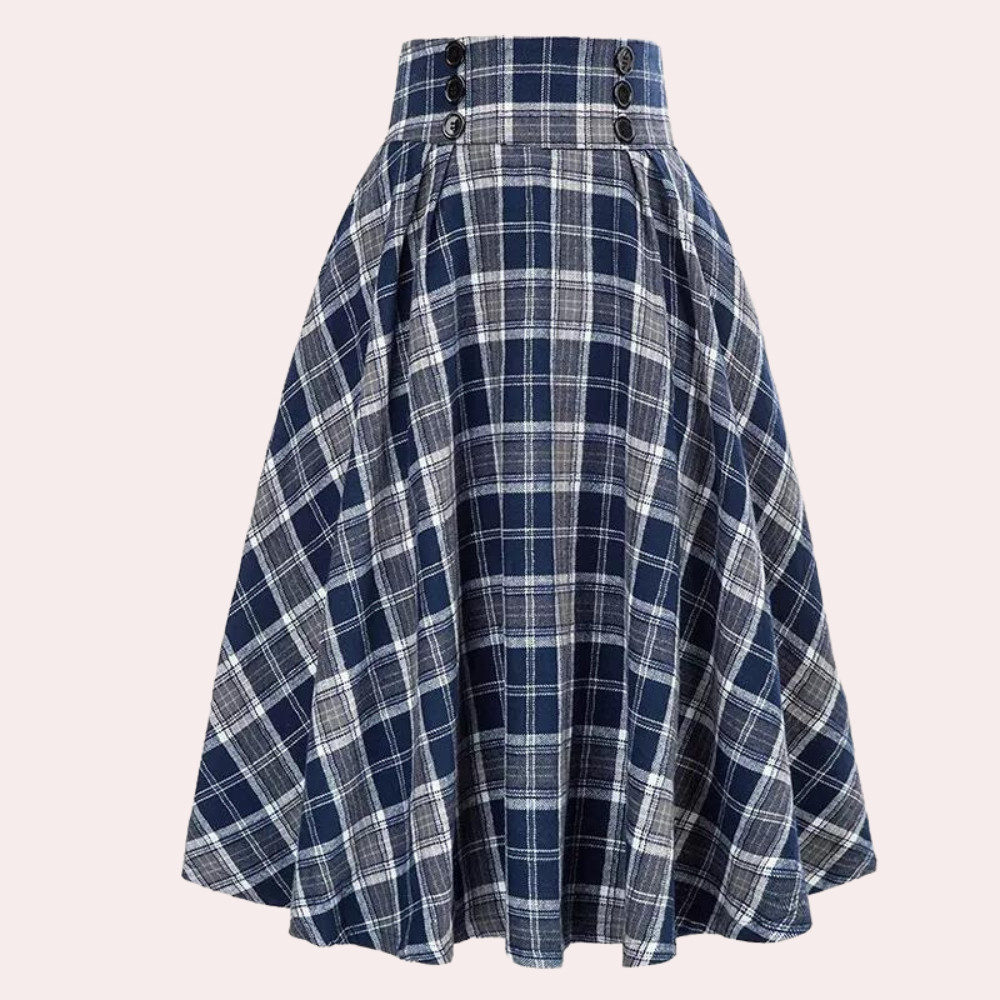 Stylowa damska spódnica A-linii w modną kratę. Elegancki fason z wysokim stanem, długość midi. Casual/formalna.
