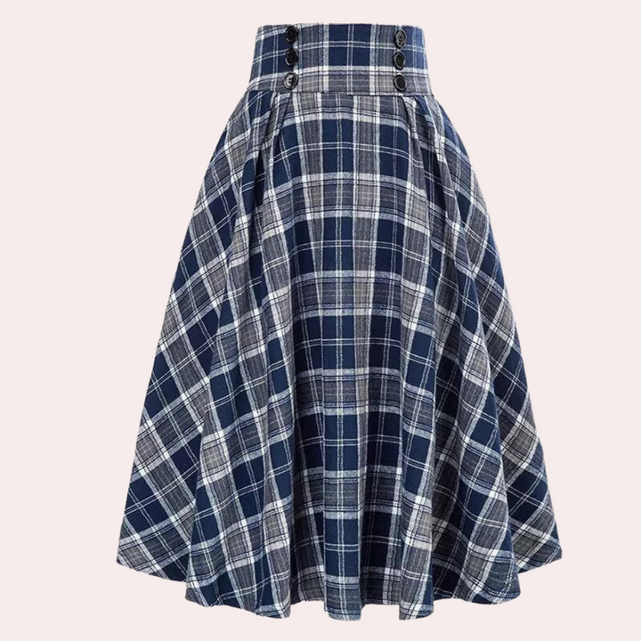 Stylowa damska spódnica A-linii w modną kratę. Elegancki fason z wysokim stanem, długość midi. Casual/formalna.