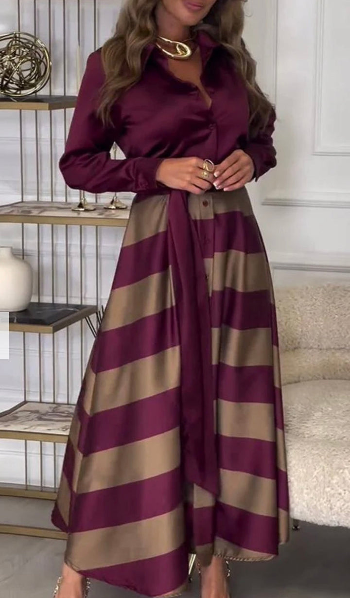 Damska elegancka sukienka dwuczęściowa maxi w paski, idealna na jesień.